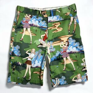 Loudmouth Green Vintage Pinup Golf Print Men’s Flat Front Shorts